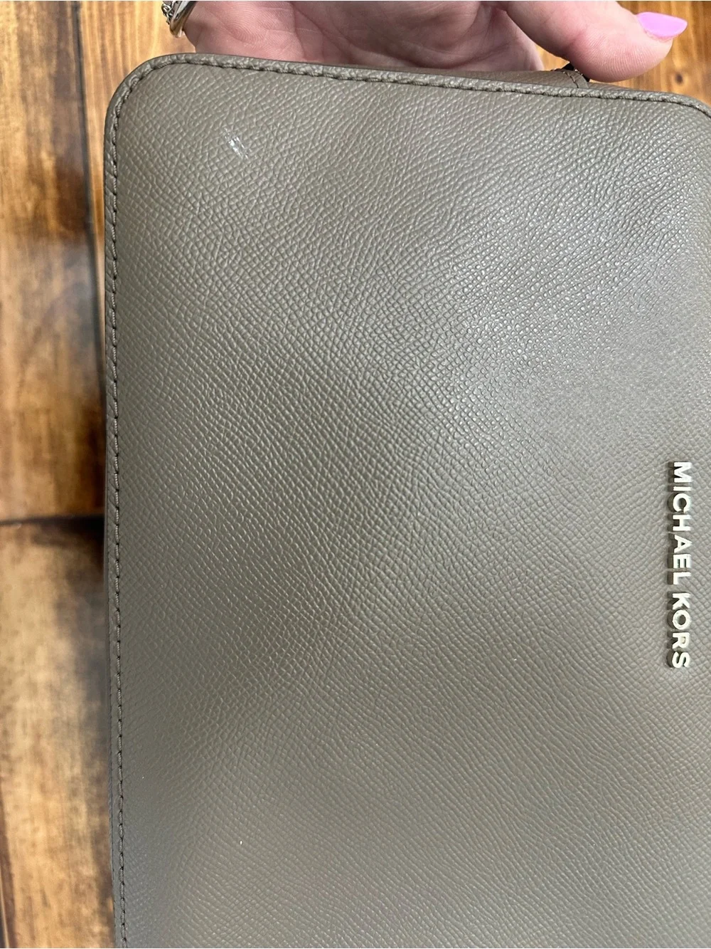 Michael Kors Taupe Leather Crossbody with Chain Accent